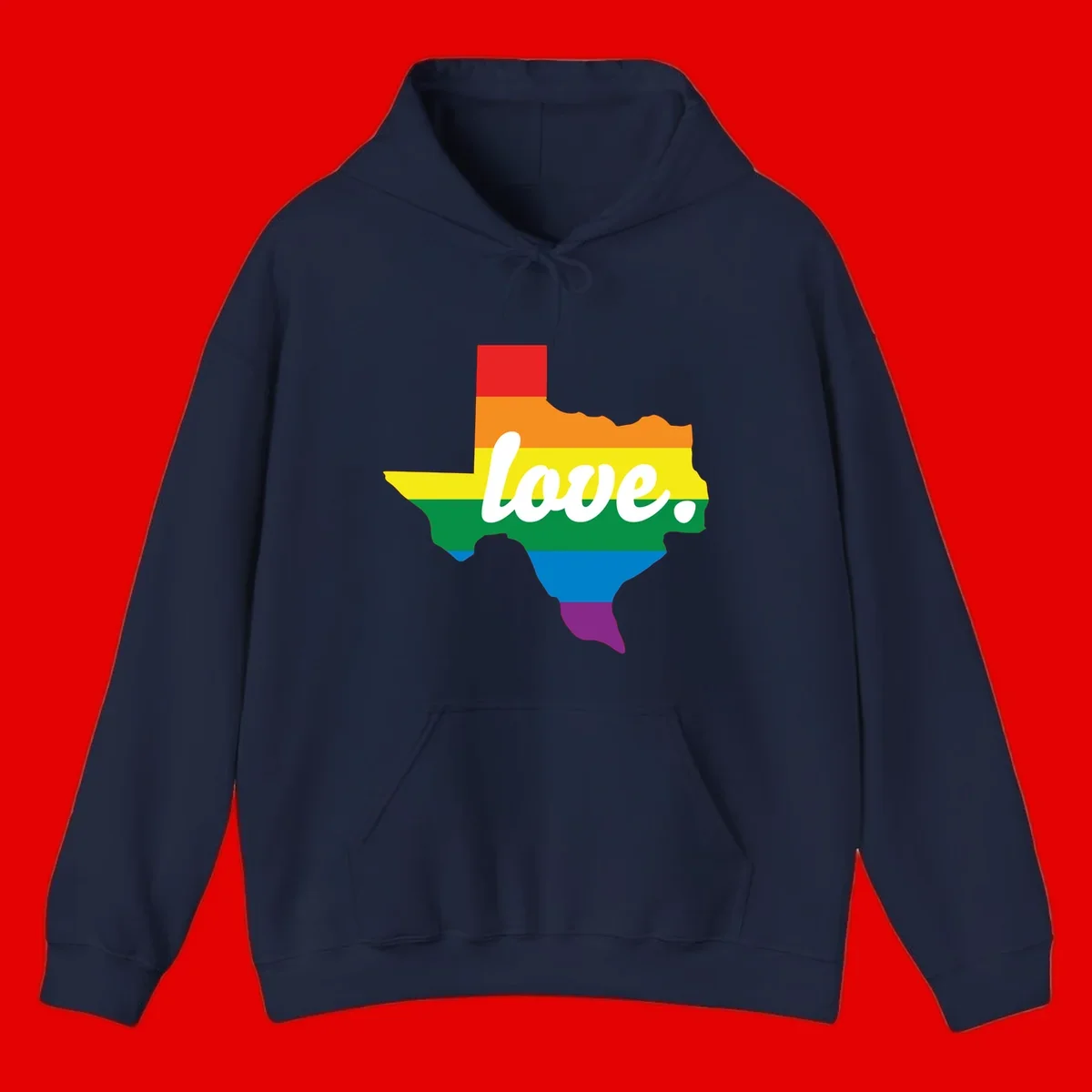 Texas state outline filled with rainbow pride stripes and white script text reading 'love.'