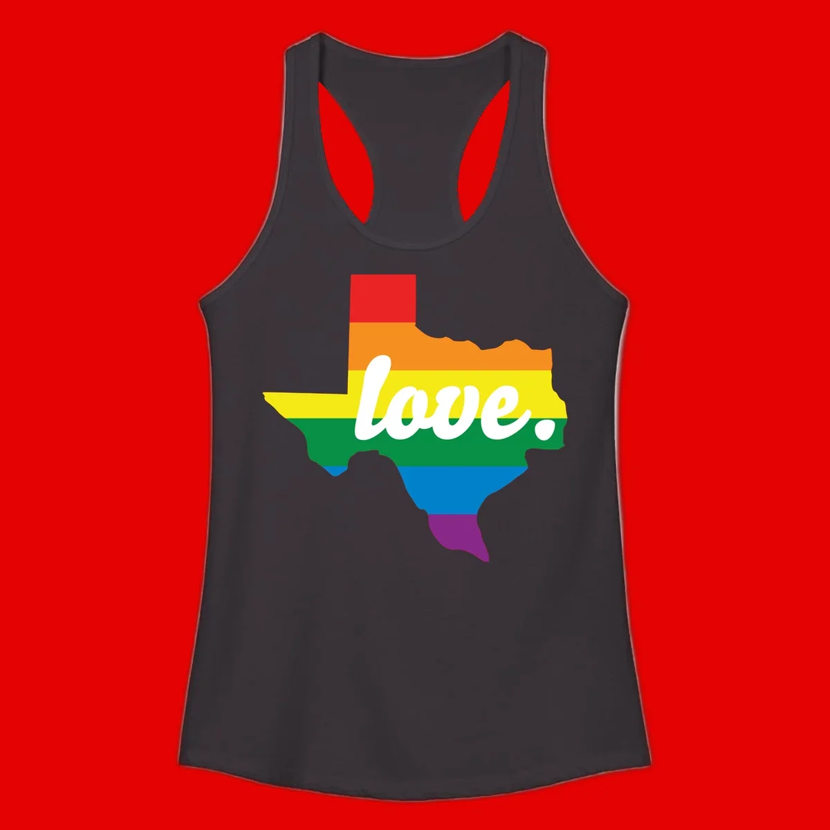 Texas state outline filled with rainbow pride stripes and white script text reading 'love.'