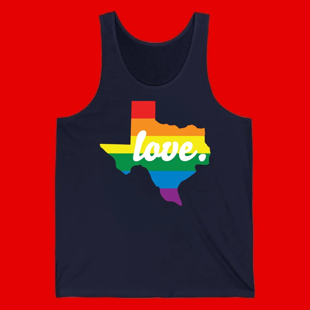 Texas state outline filled with rainbow pride stripes and white script text reading 'love.'