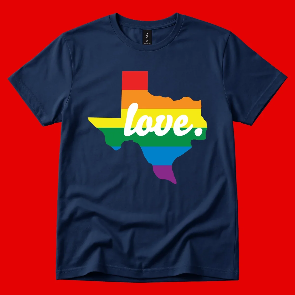 Texas state outline filled with rainbow pride stripes and white script text reading 'love.'