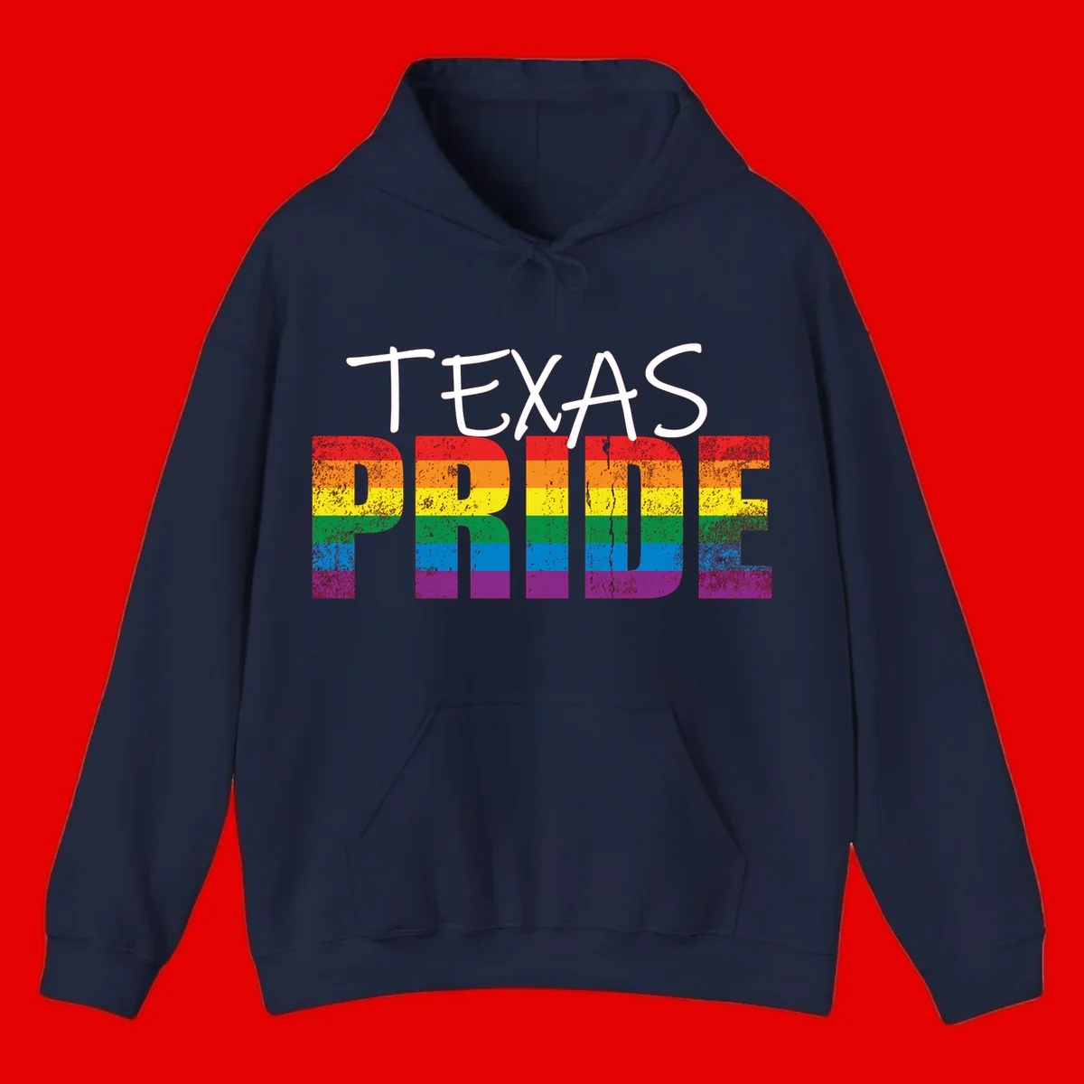 White 'TEXAS PRIDE' text with 'PRIDE' filled in rainbow flag stripes on gray background with distressed texture