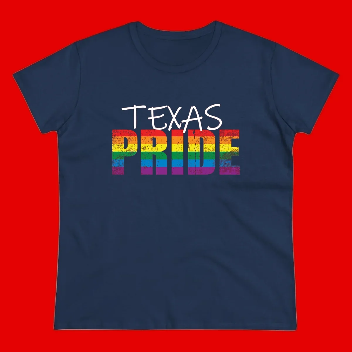 White 'TEXAS PRIDE' text with 'PRIDE' filled in rainbow flag stripes on gray background with distressed texture