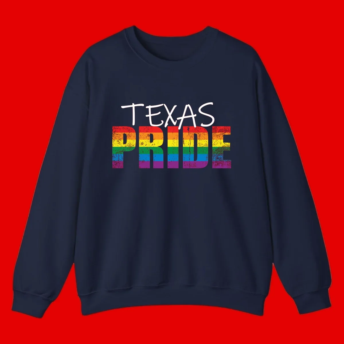 White 'TEXAS PRIDE' text with 'PRIDE' filled in rainbow flag stripes on gray background with distressed texture