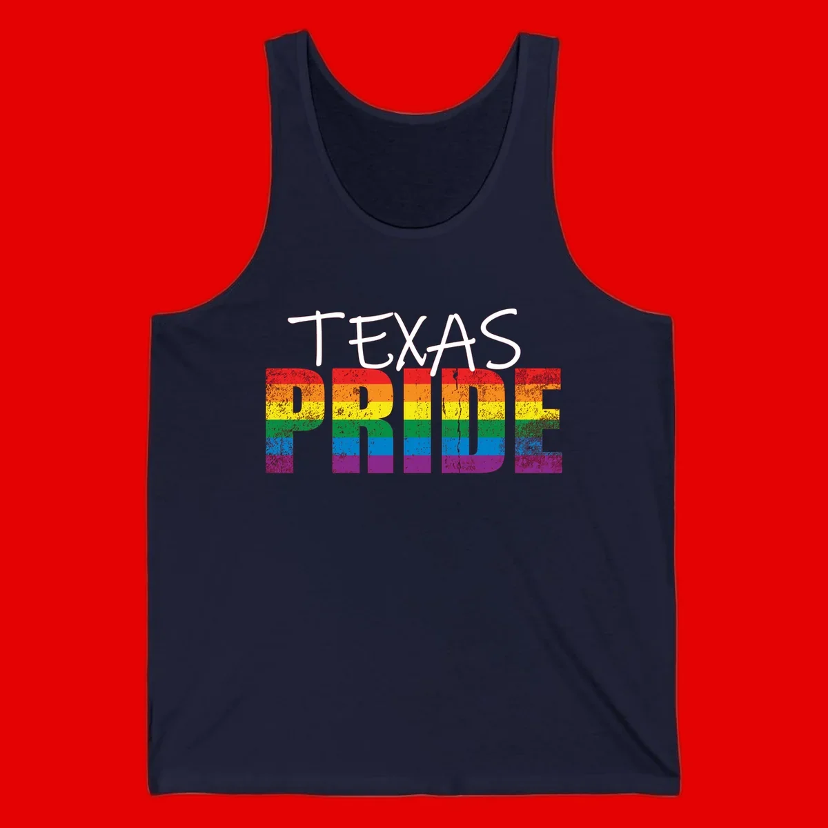 White 'TEXAS PRIDE' text with 'PRIDE' filled in rainbow flag stripes on gray background with distressed texture