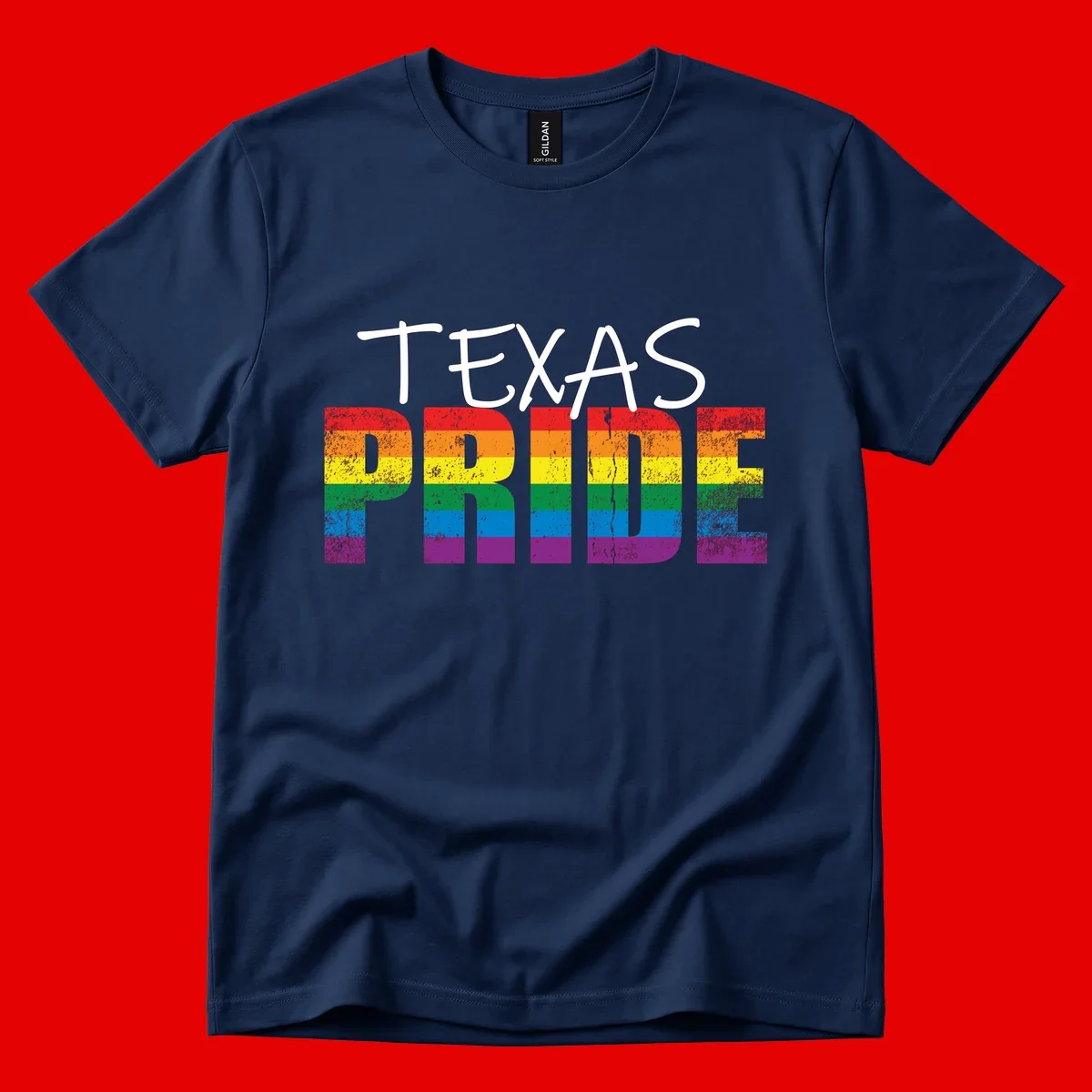 White 'TEXAS PRIDE' text with 'PRIDE' filled in rainbow flag stripes on gray background with distressed texture