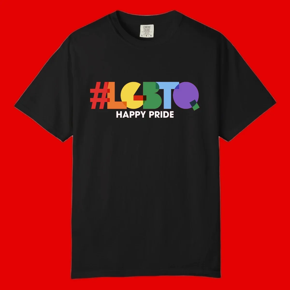 Colorful geometric letters spelling 'Happy Pride' in rainbow colors including red, orange, yellow, green, blue, and purple on gray background