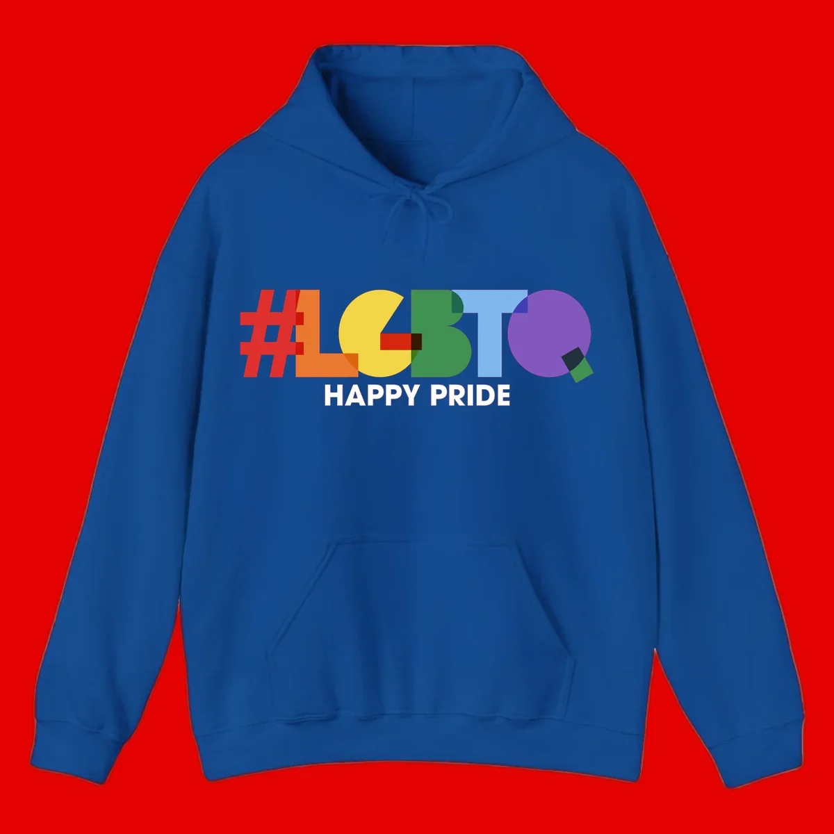 Colorful geometric letters spelling 'Happy Pride' in rainbow colors including red, orange, yellow, green, blue, and purple on gray background