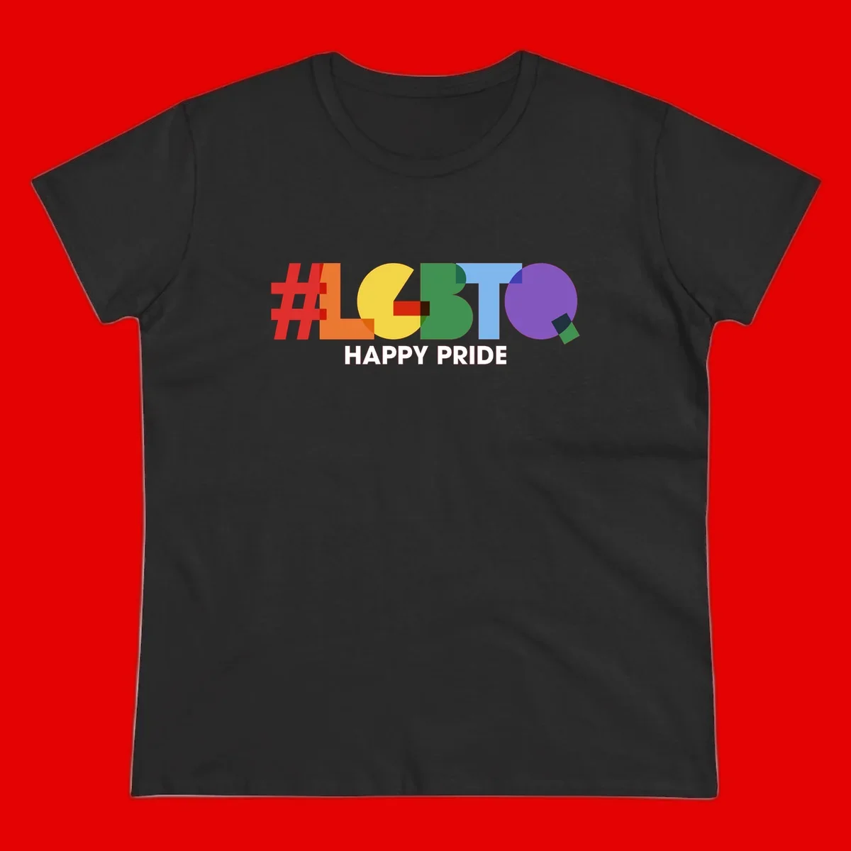 Colorful geometric letters spelling 'Happy Pride' in rainbow colors including red, orange, yellow, green, blue, and purple on gray background