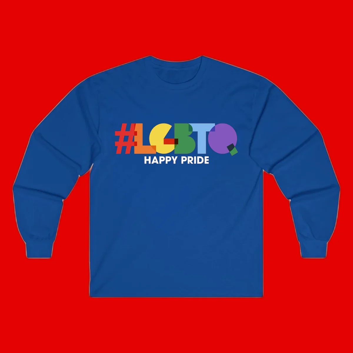 Colorful geometric letters spelling 'Happy Pride' in rainbow colors including red, orange, yellow, green, blue, and purple on gray background