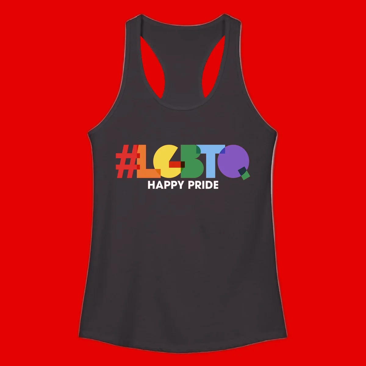 Colorful geometric letters spelling 'Happy Pride' in rainbow colors including red, orange, yellow, green, blue, and purple on gray background