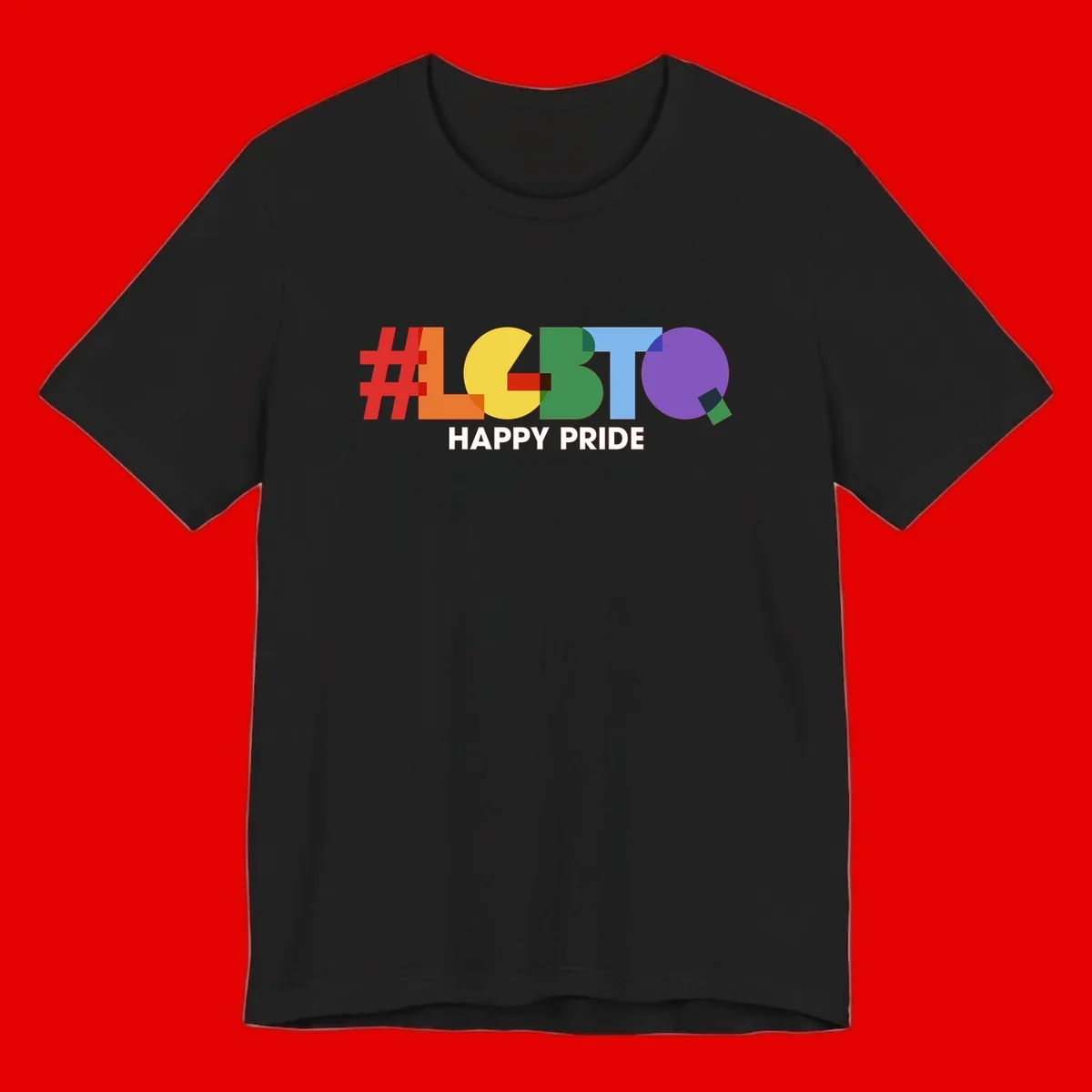 Colorful geometric letters spelling 'Happy Pride' in rainbow colors including red, orange, yellow, green, blue, and purple on gray background