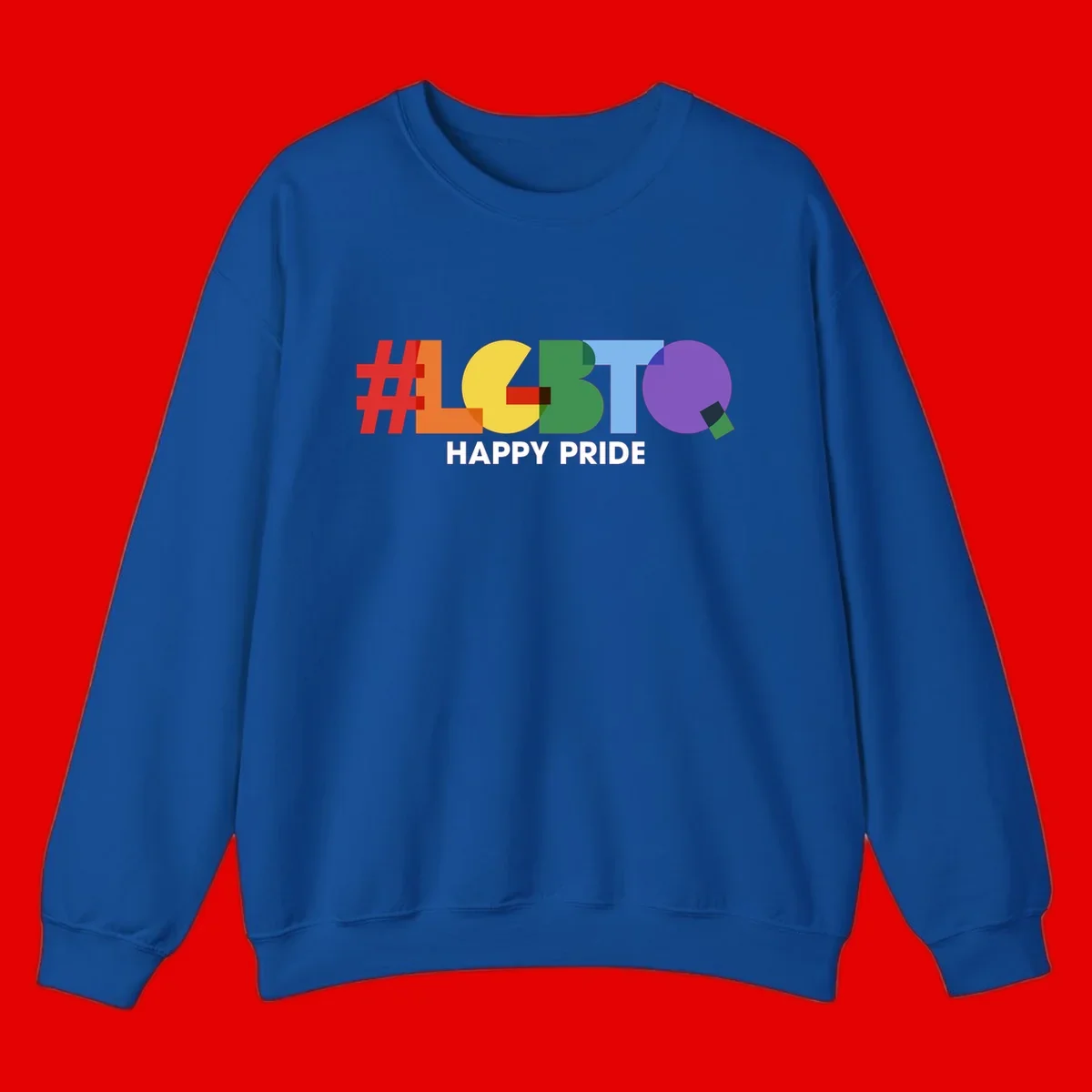 Colorful geometric letters spelling 'Happy Pride' in rainbow colors including red, orange, yellow, green, blue, and purple on gray background