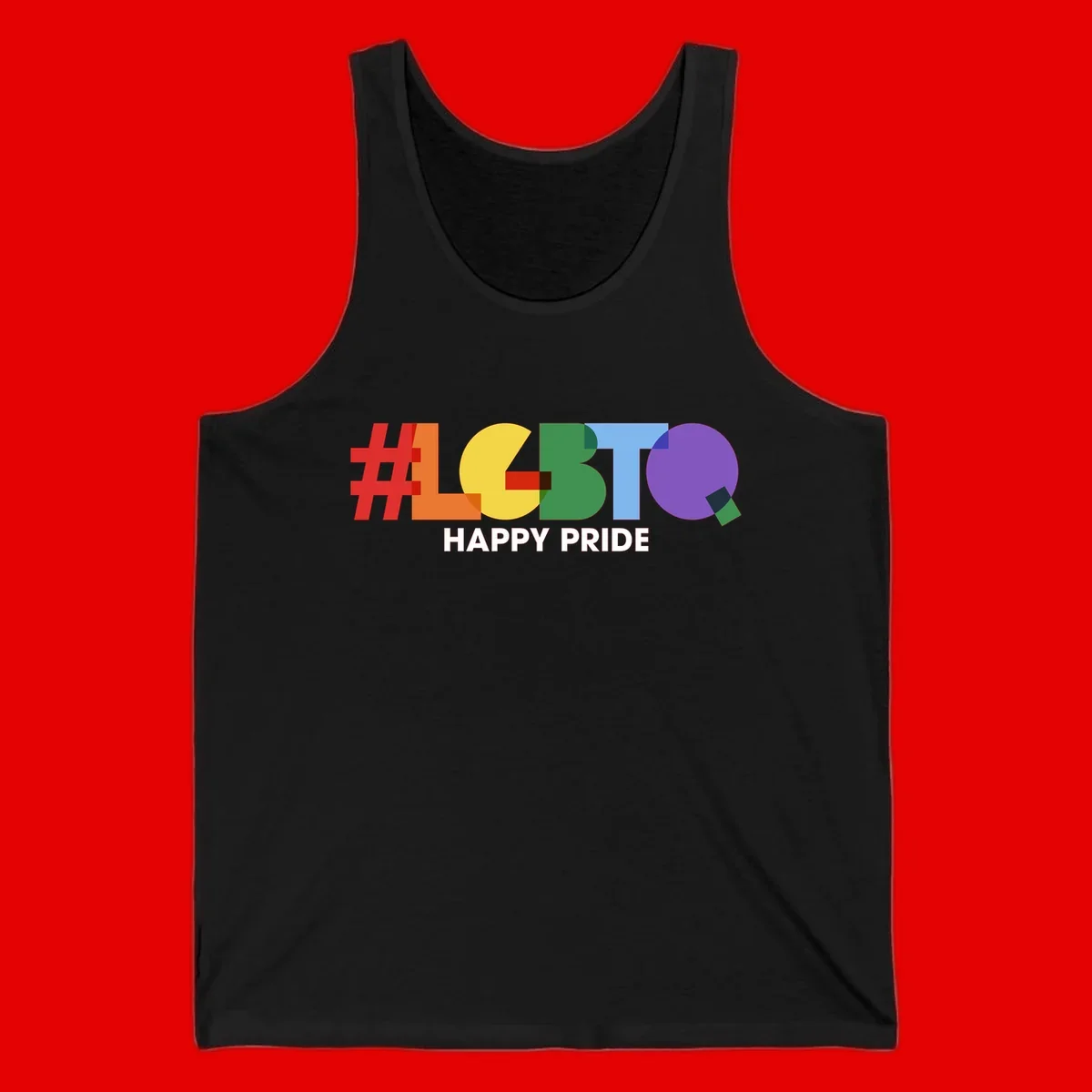 Colorful geometric letters spelling 'Happy Pride' in rainbow colors including red, orange, yellow, green, blue, and purple on gray background