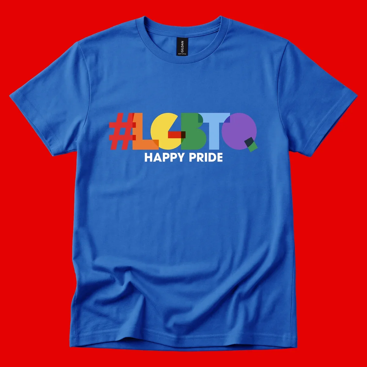 Colorful geometric letters spelling 'Happy Pride' in rainbow colors including red, orange, yellow, green, blue, and purple on gray background
