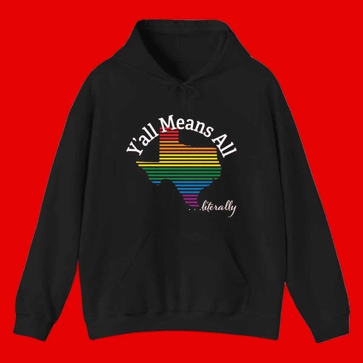 Y'all Means All Pride design featuring a rainbow-colored funnel with horizontal bars narrowing downward, with inclusive messaging in white text.