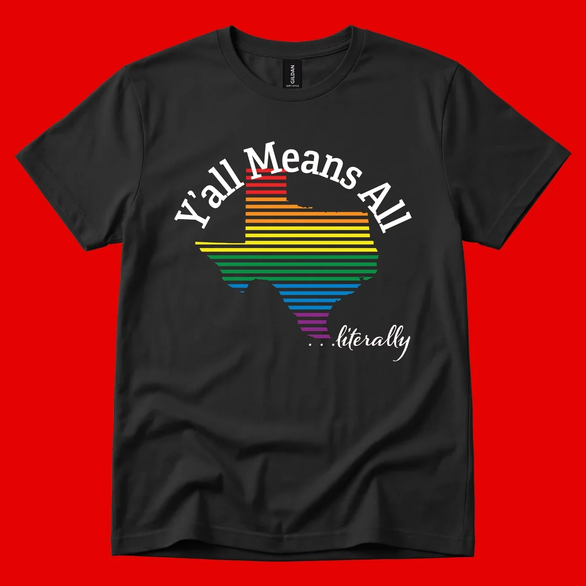 Y'all Means All Pride design featuring a rainbow-colored funnel with horizontal bars narrowing downward, with inclusive messaging in white text.