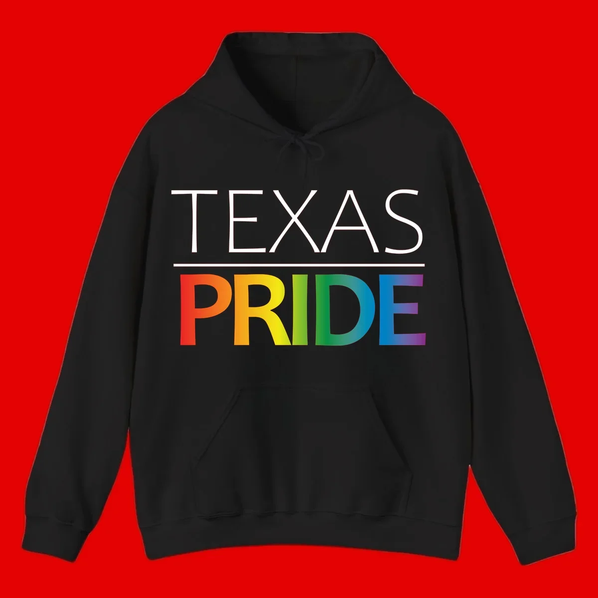 Texas Pride design with rainbow gradient letters spelling TEXAS and PRIDE in bold typography