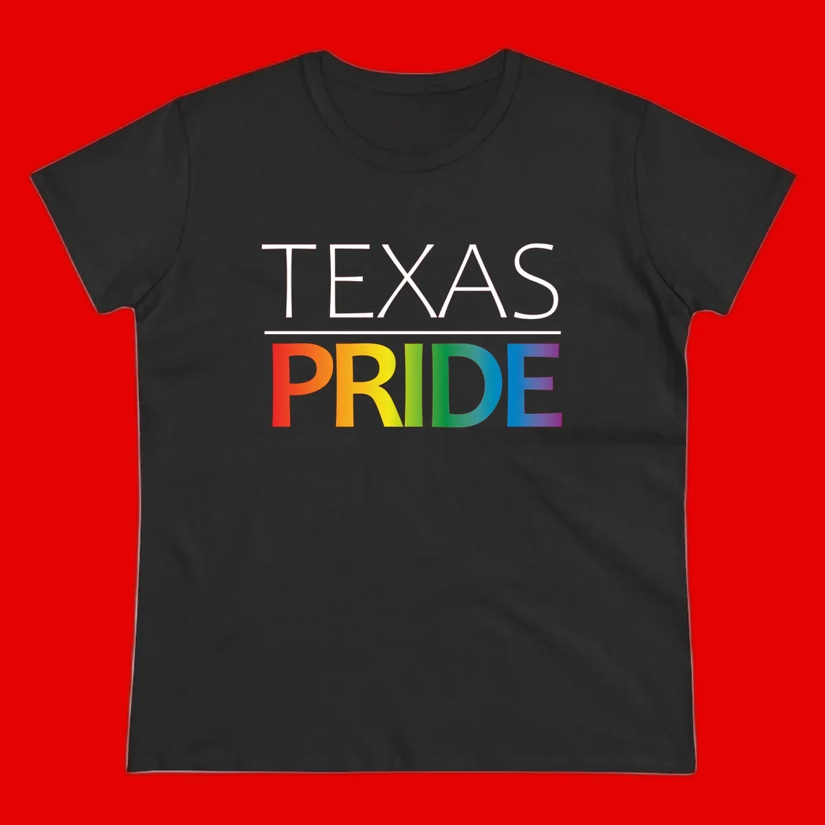 Texas Pride design with rainbow gradient letters spelling TEXAS and PRIDE in bold typography