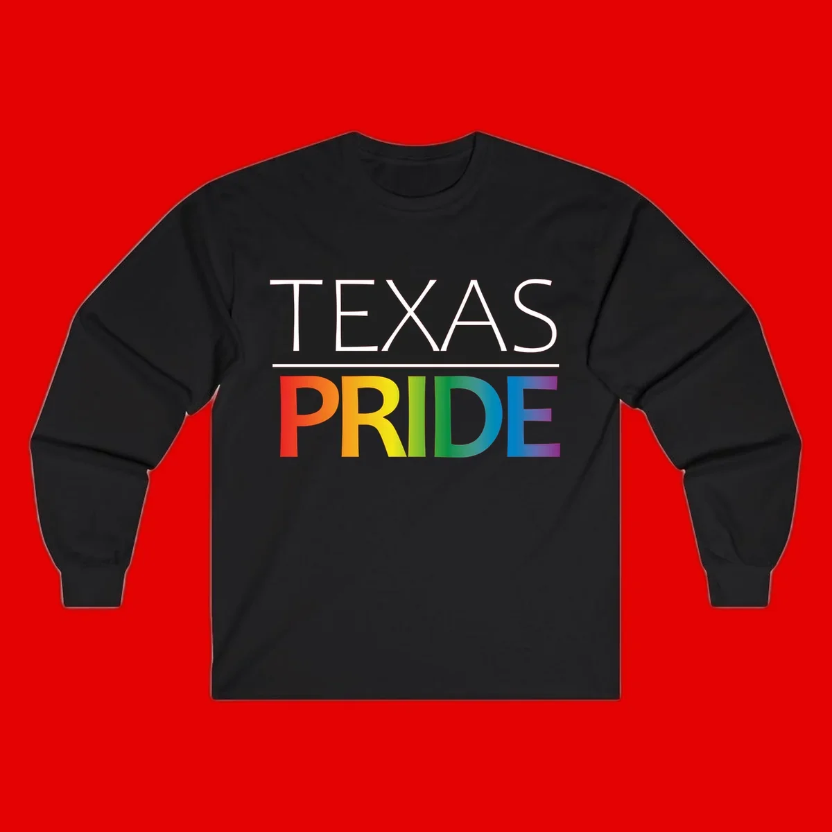 Texas Pride design with rainbow gradient letters spelling TEXAS and PRIDE in bold typography