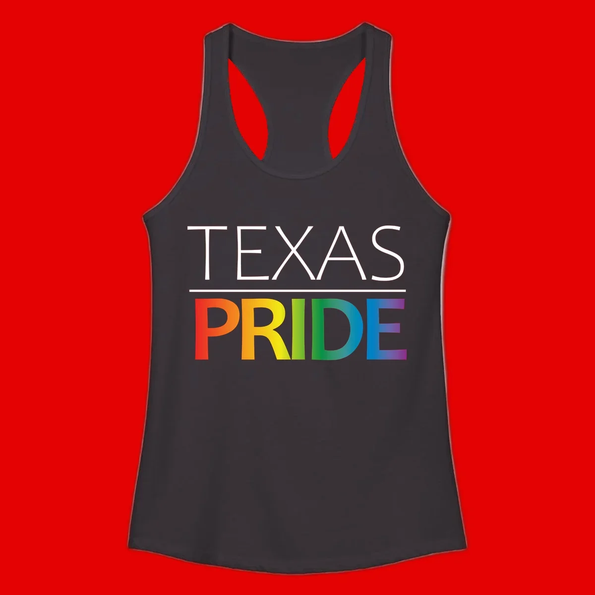 Texas Pride design with rainbow gradient letters spelling TEXAS and PRIDE in bold typography