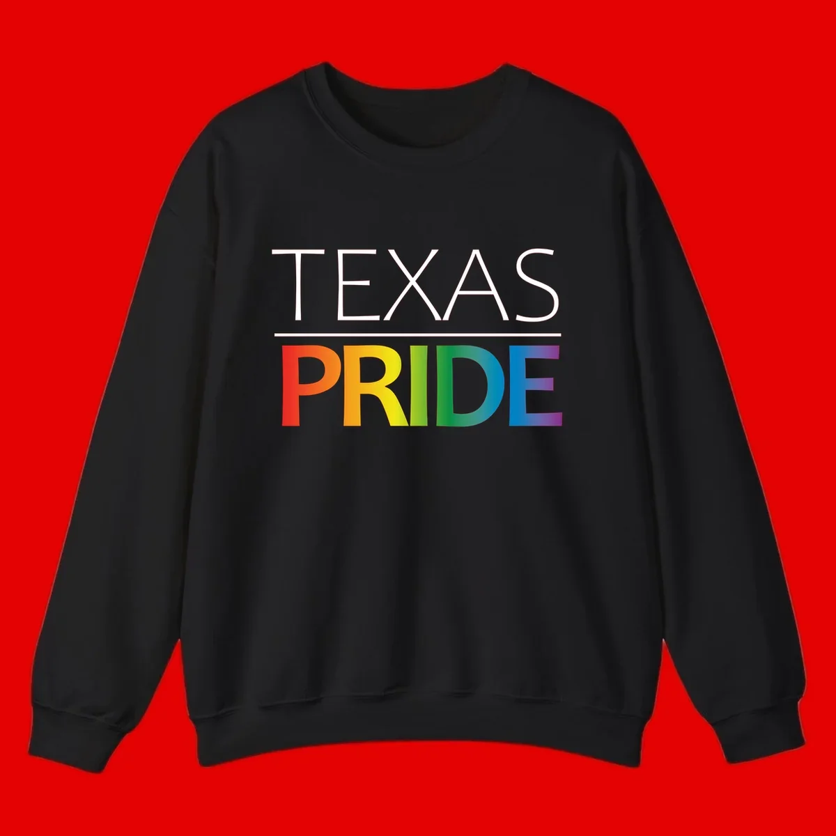 Texas Pride design with rainbow gradient letters spelling TEXAS and PRIDE in bold typography