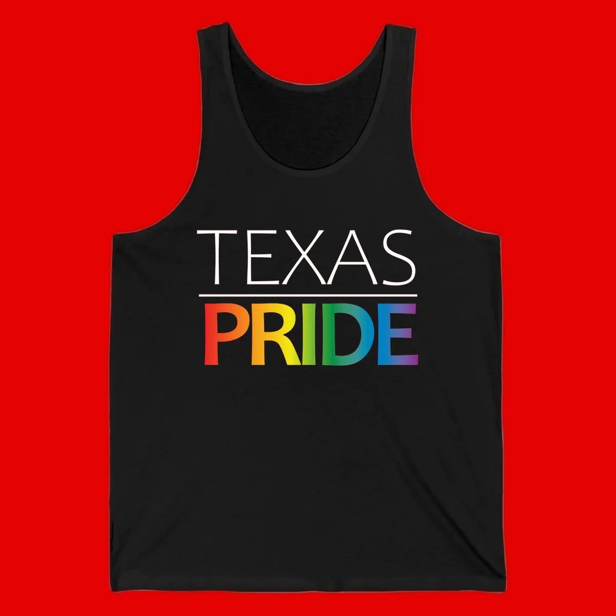 Texas Pride design with rainbow gradient letters spelling TEXAS and PRIDE in bold typography