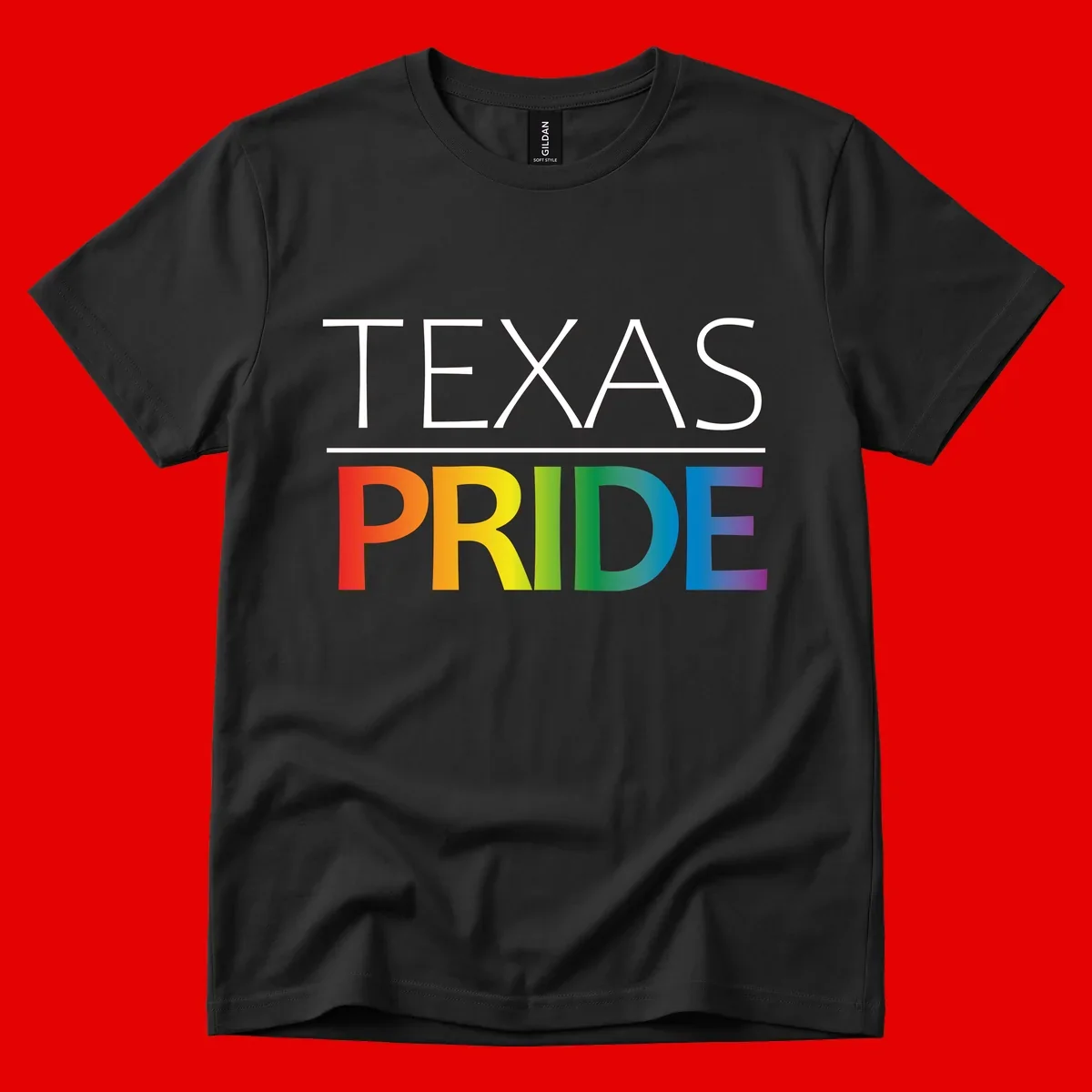 Texas Pride design with rainbow gradient letters spelling TEXAS and PRIDE in bold typography