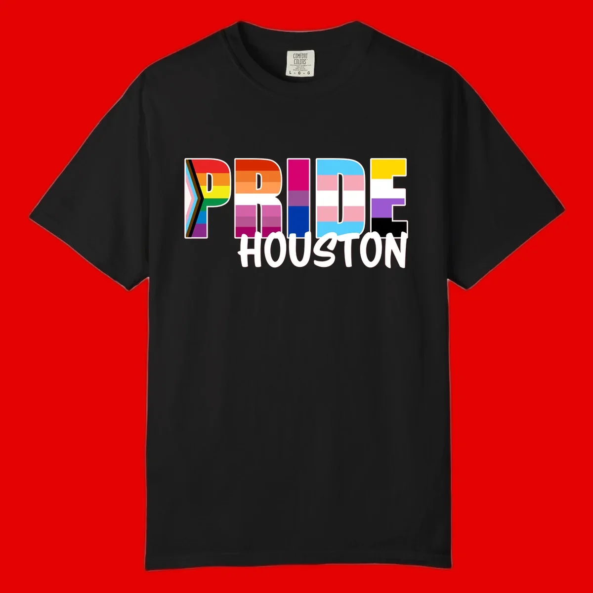 Pride Houston design with bold rainbow-filled letters and progress pride chevron stripes