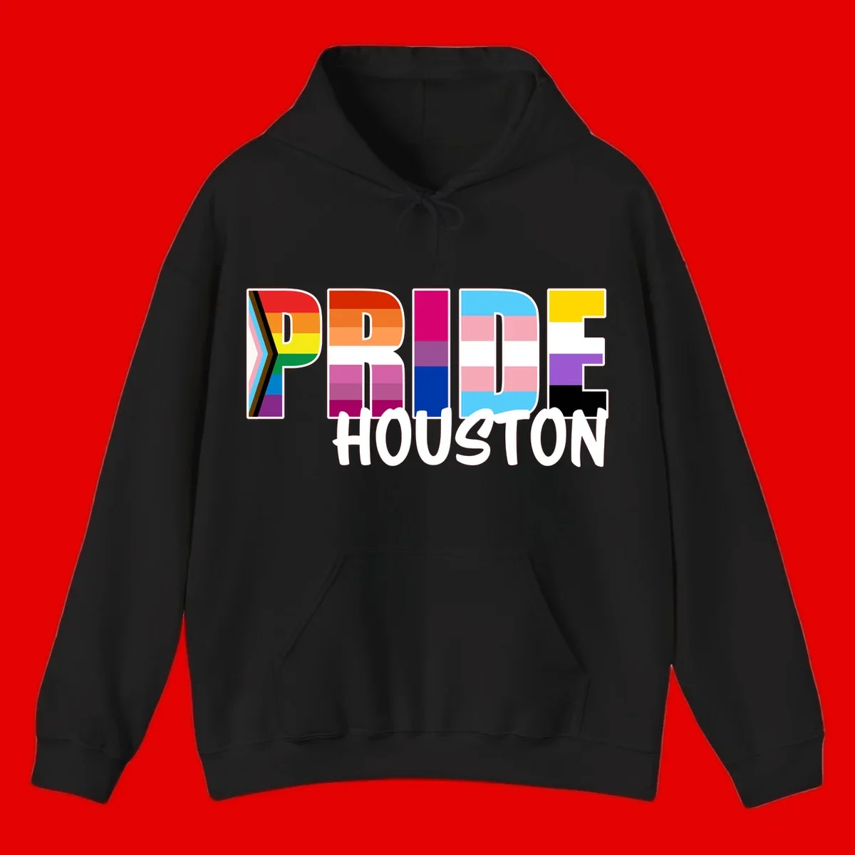 Pride Houston design with bold rainbow-filled letters and progress pride chevron stripes