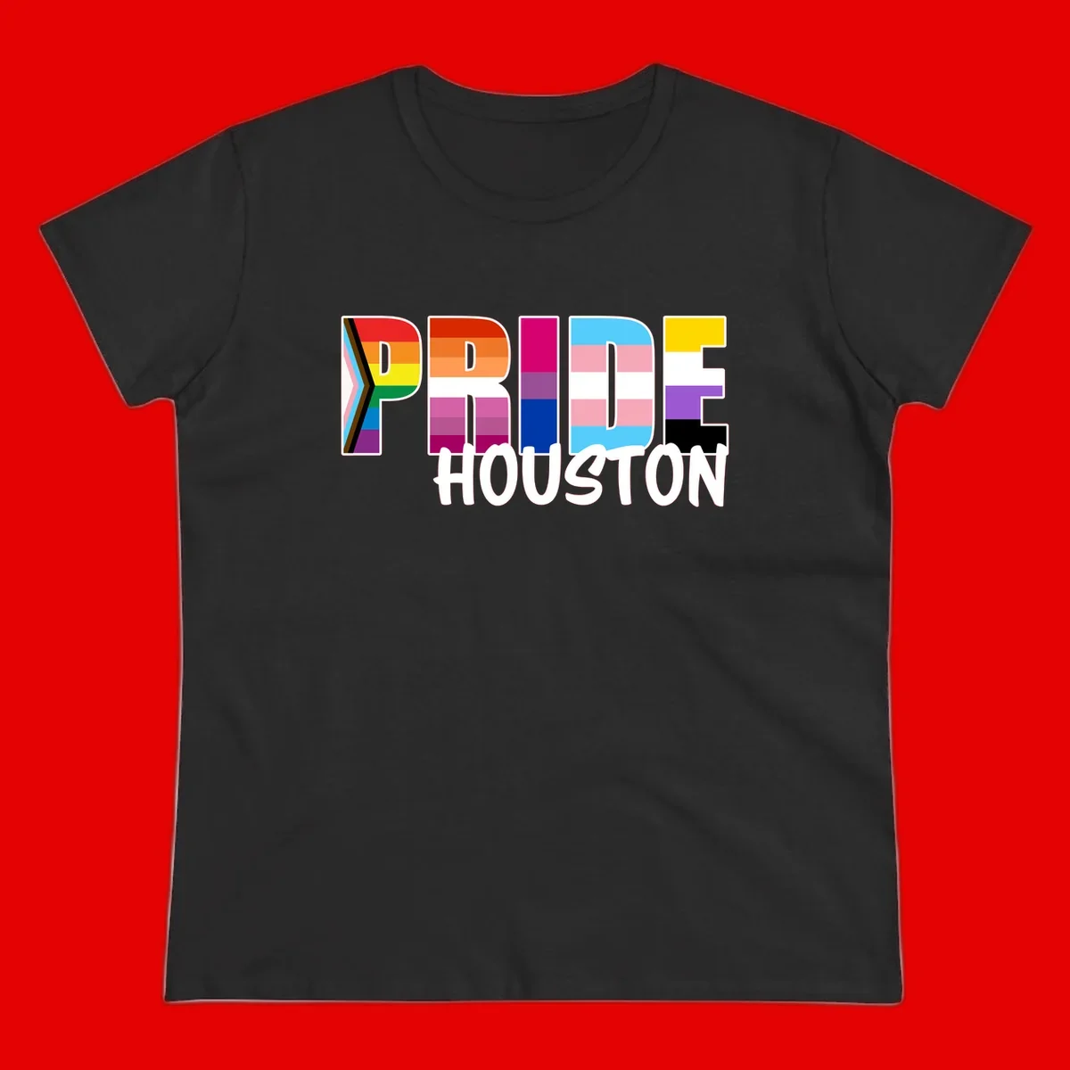 Pride Houston design with bold rainbow-filled letters and progress pride chevron stripes