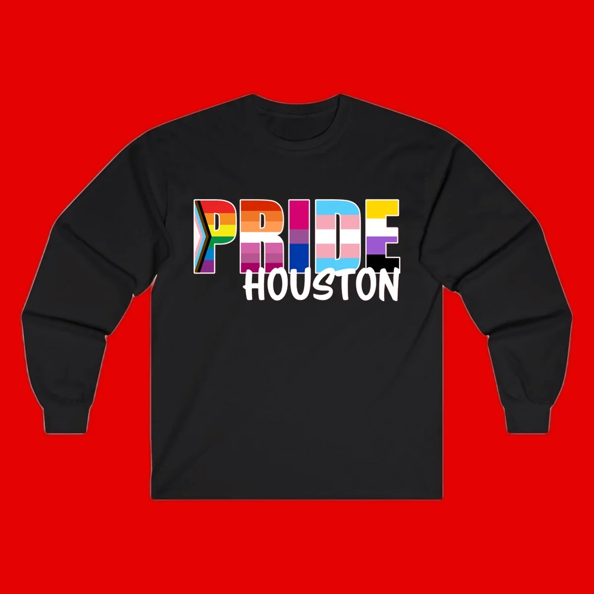 Pride Houston design with bold rainbow-filled letters and progress pride chevron stripes