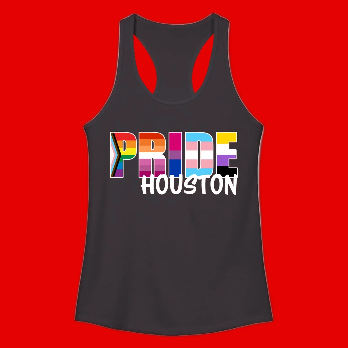 Pride Houston design with bold rainbow-filled letters and progress pride chevron stripes