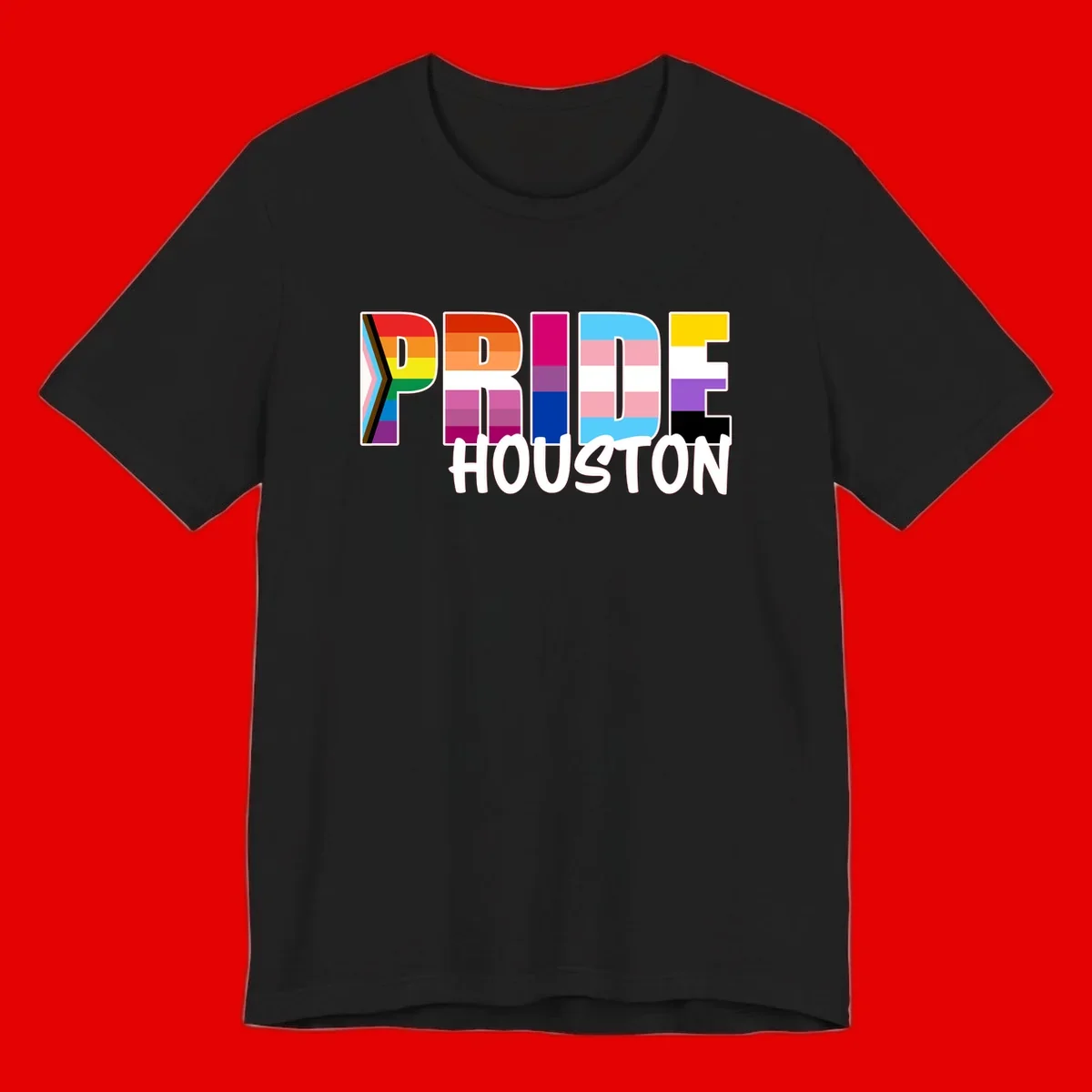 Pride Houston design with bold rainbow-filled letters and progress pride chevron stripes