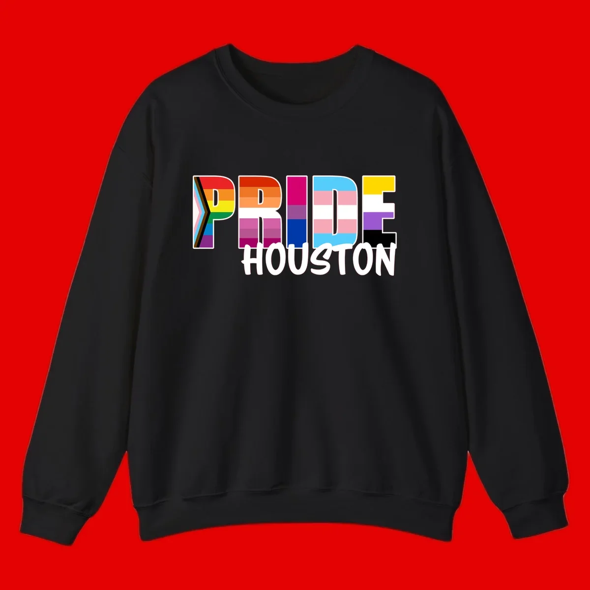 Pride Houston design with bold rainbow-filled letters and progress pride chevron stripes
