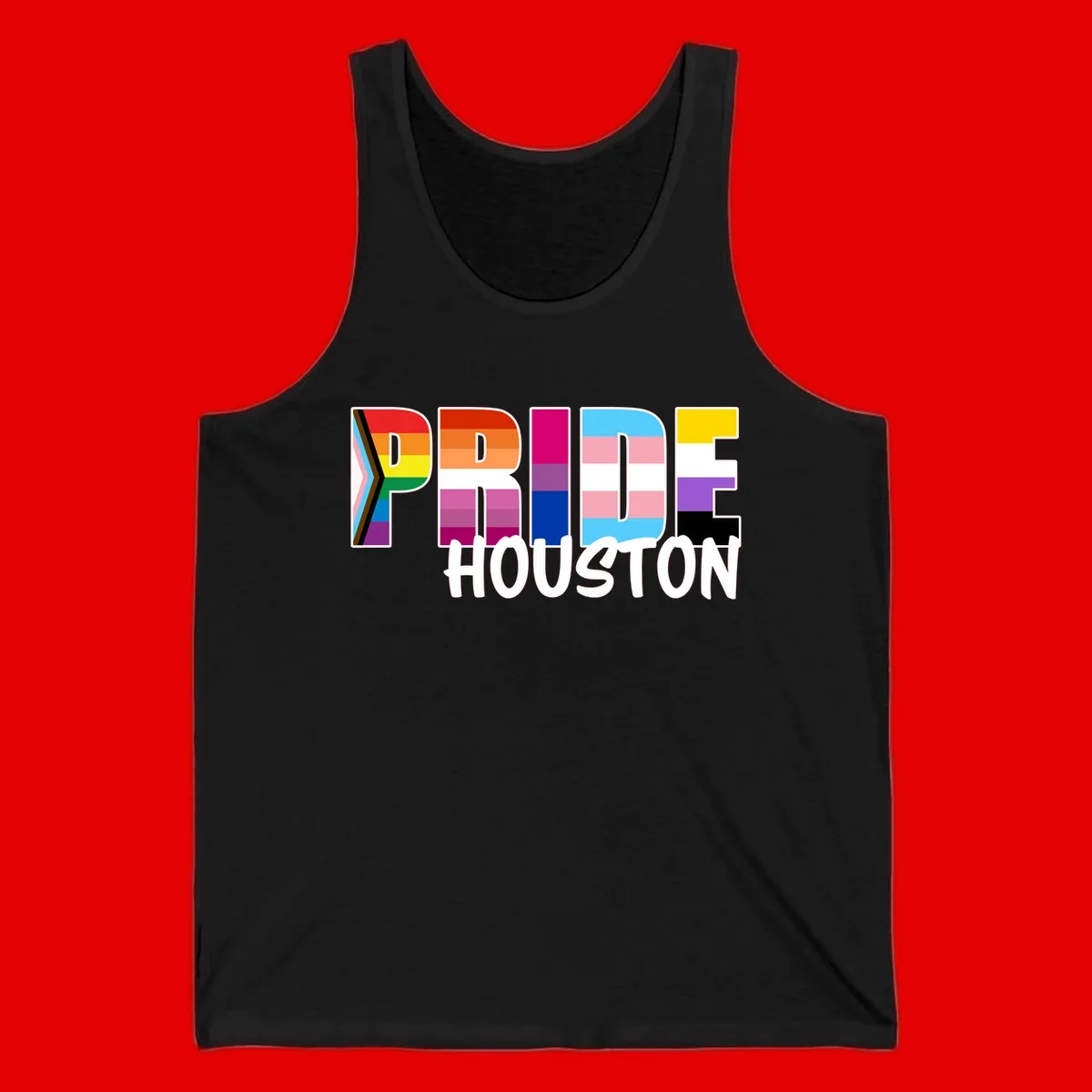 Pride Houston design with bold rainbow-filled letters and progress pride chevron stripes