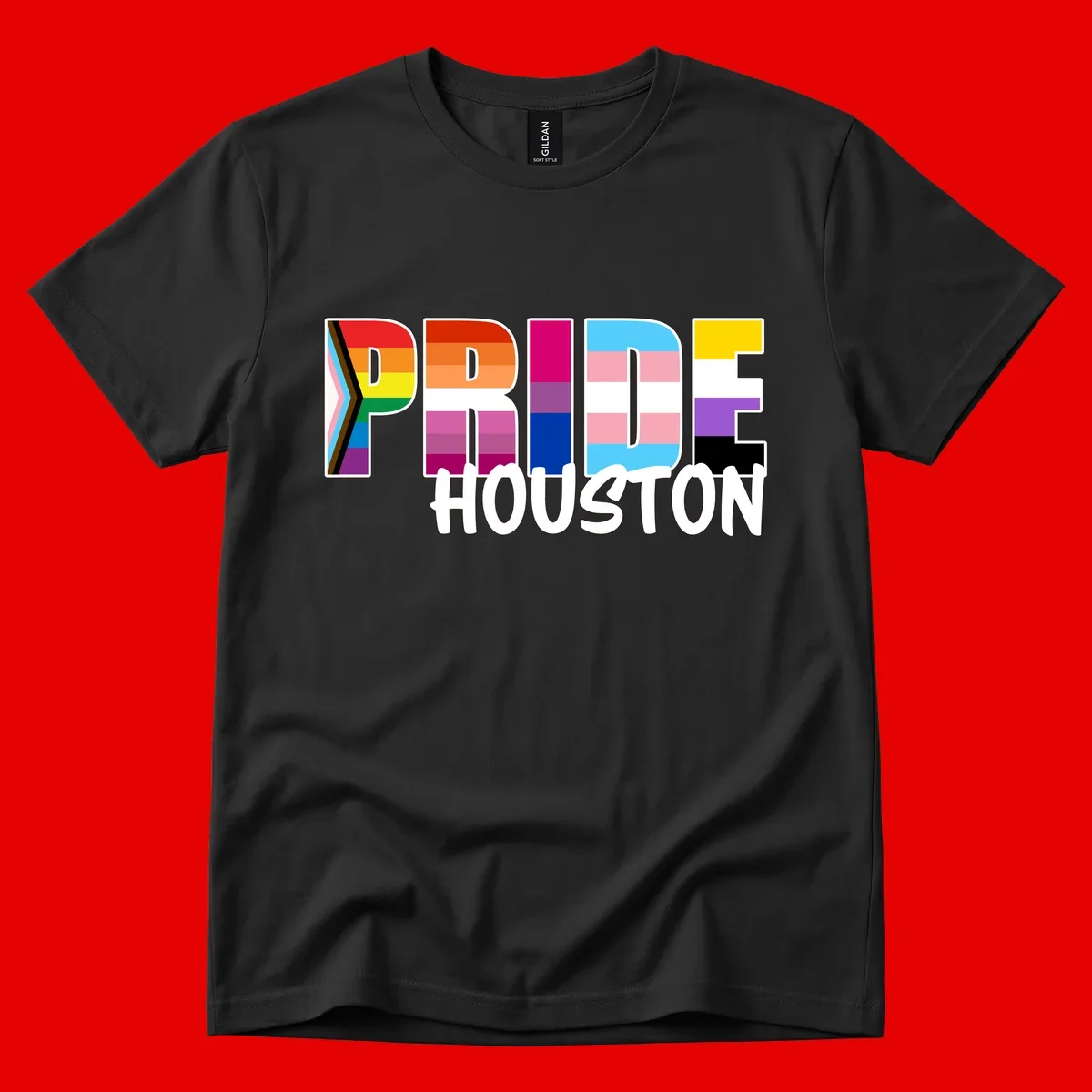 Pride Houston design with bold rainbow-filled letters and progress pride chevron stripes