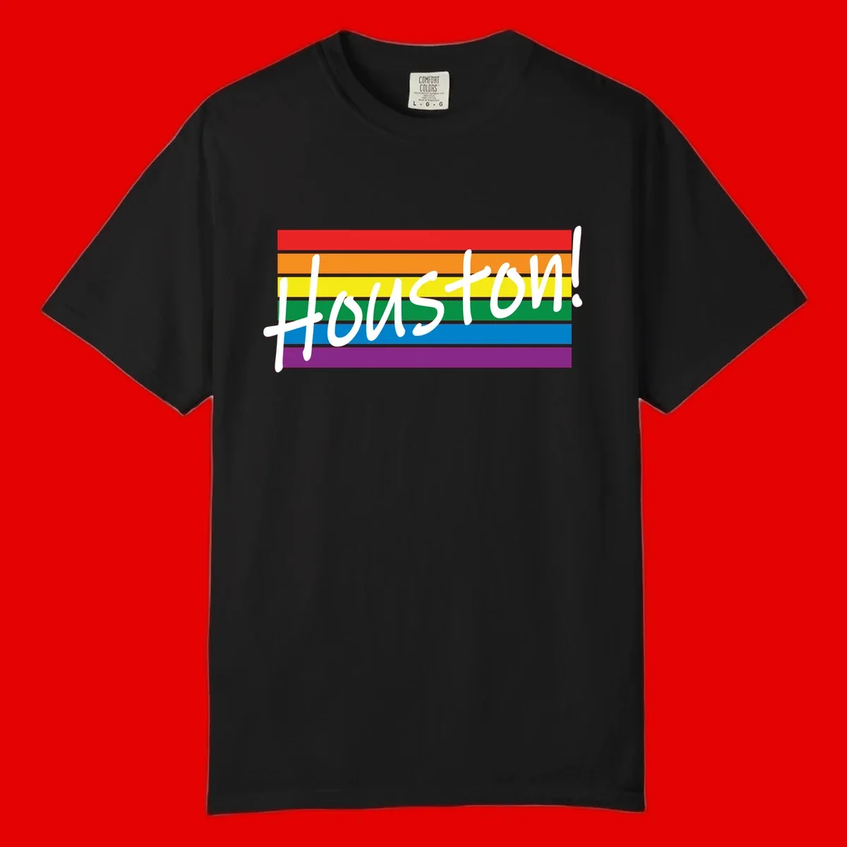 Houston pride celebration design with white handwritten text on rainbow flag stripes in red, orange, yellow, green, blue, and purple