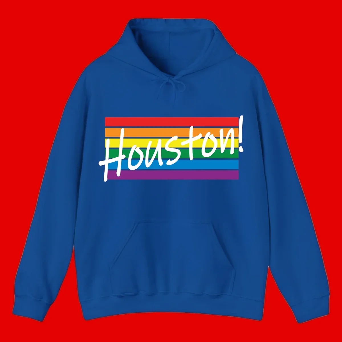 Houston pride celebration design with white handwritten text on rainbow flag stripes in red, orange, yellow, green, blue, and purple