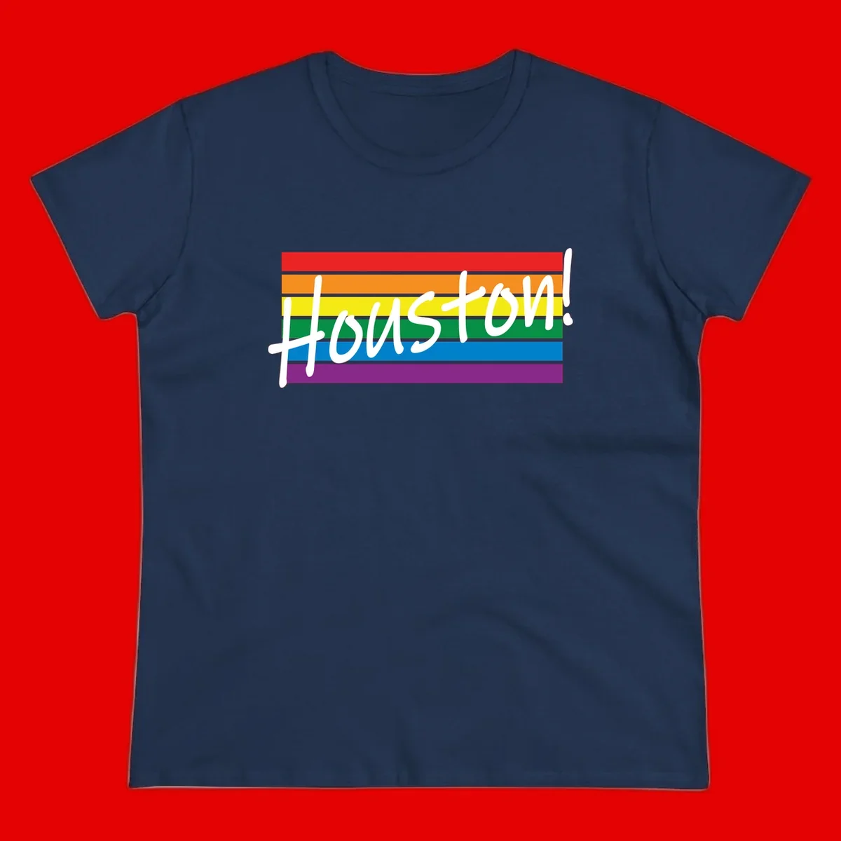 Houston pride celebration design with white handwritten text on rainbow flag stripes in red, orange, yellow, green, blue, and purple