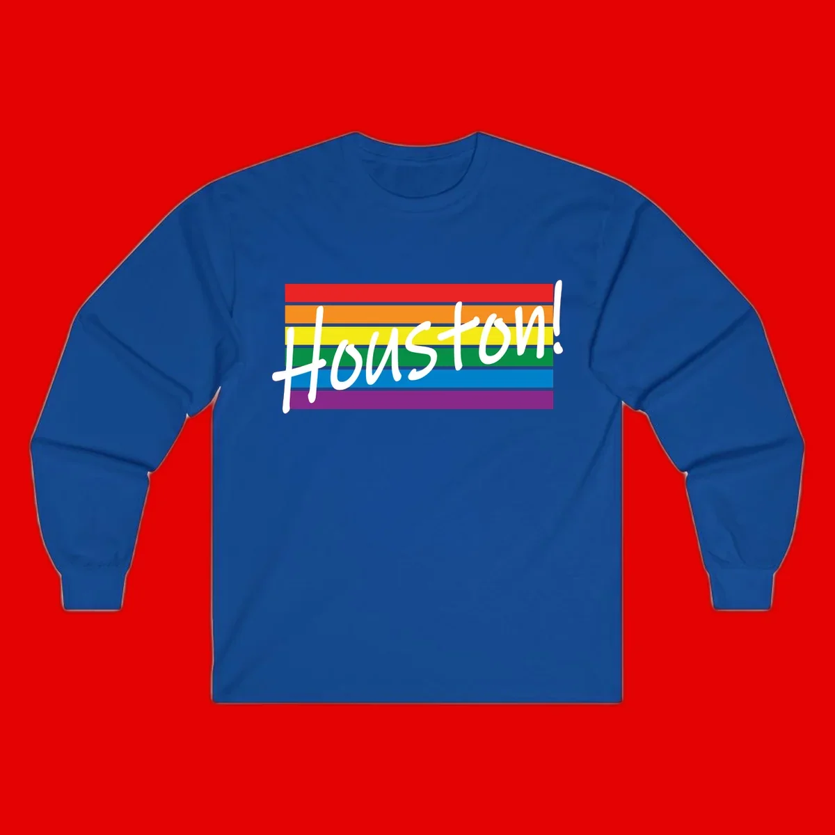 Houston pride celebration design with white handwritten text on rainbow flag stripes in red, orange, yellow, green, blue, and purple