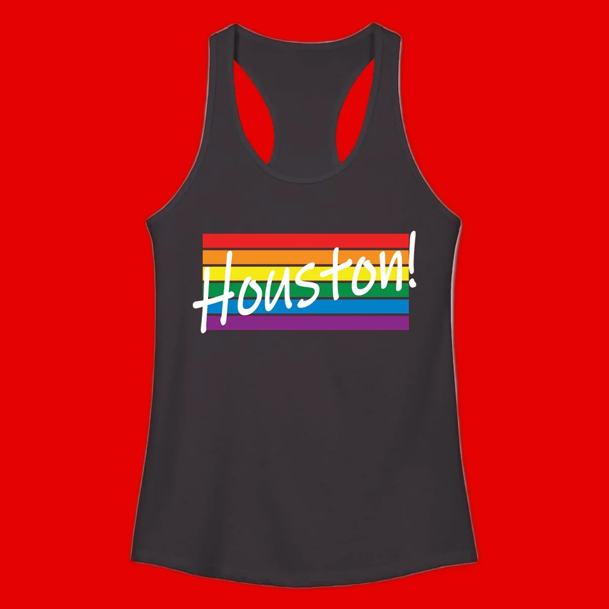 Houston pride celebration design with white handwritten text on rainbow flag stripes in red, orange, yellow, green, blue, and purple
