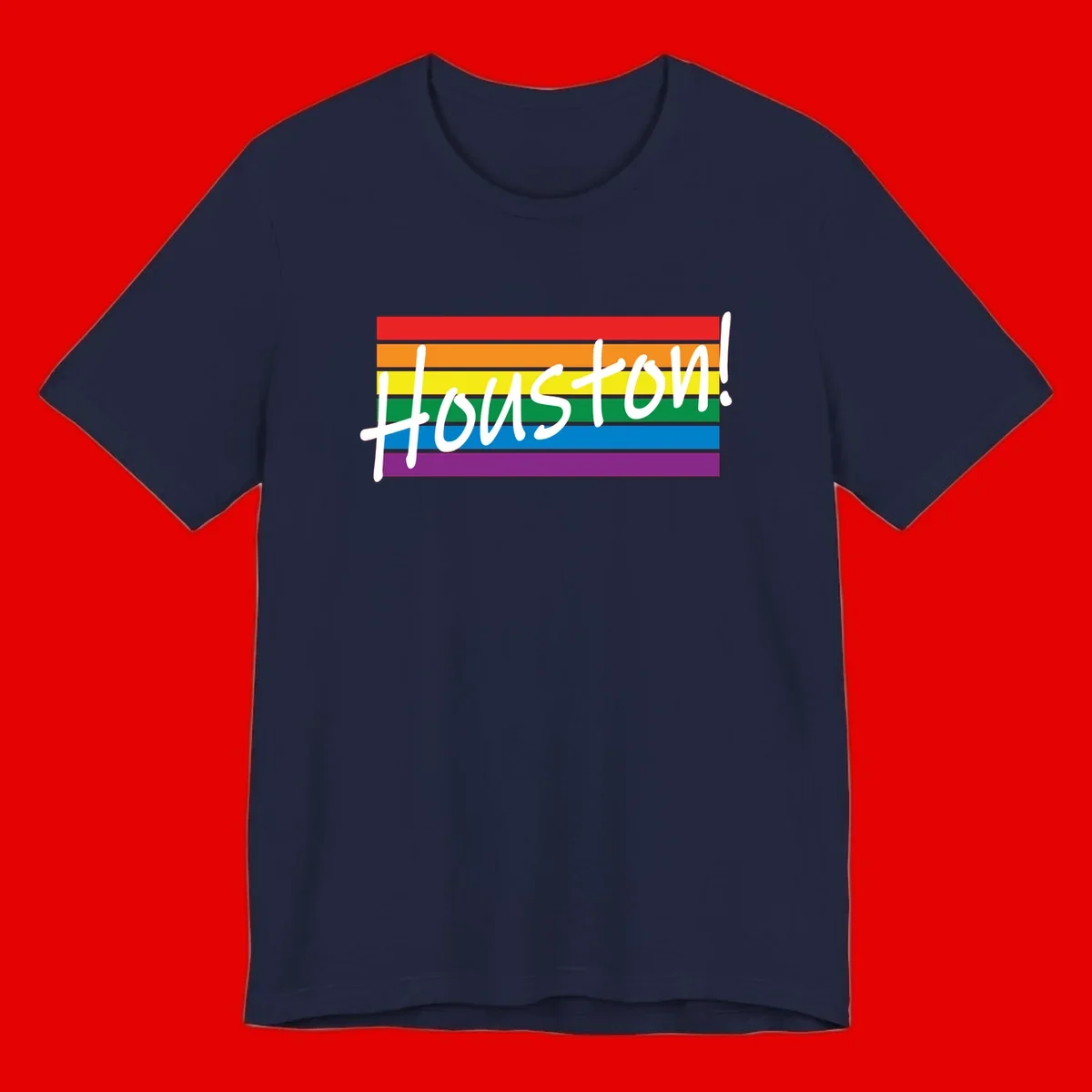 Houston pride celebration design with white handwritten text on rainbow flag stripes in red, orange, yellow, green, blue, and purple