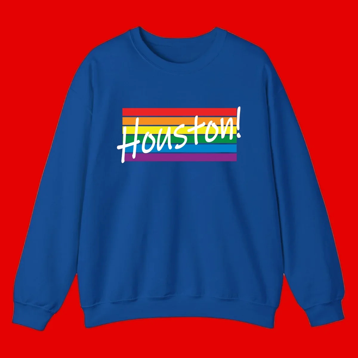 Houston pride celebration design with white handwritten text on rainbow flag stripes in red, orange, yellow, green, blue, and purple