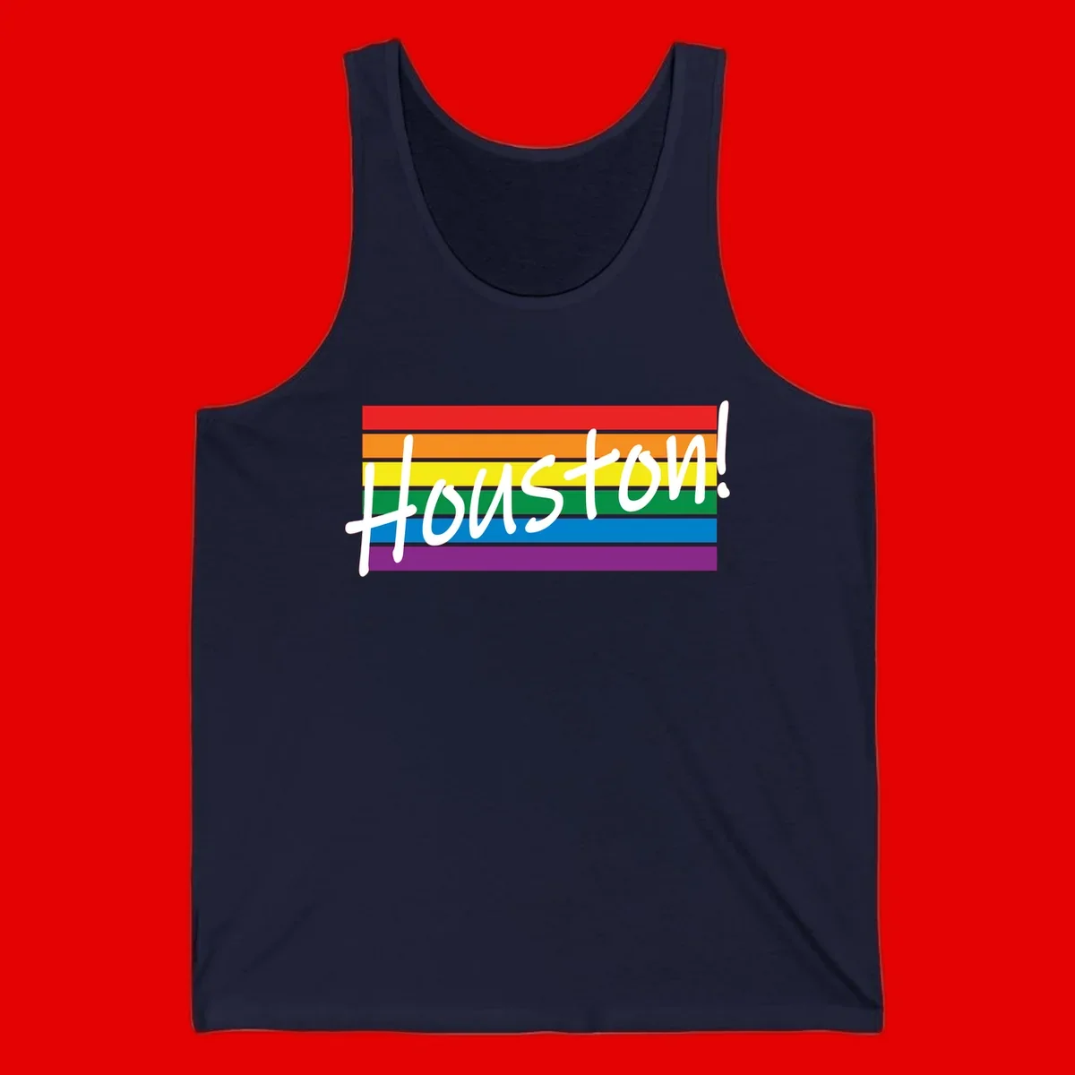 Houston pride celebration design with white handwritten text on rainbow flag stripes in red, orange, yellow, green, blue, and purple