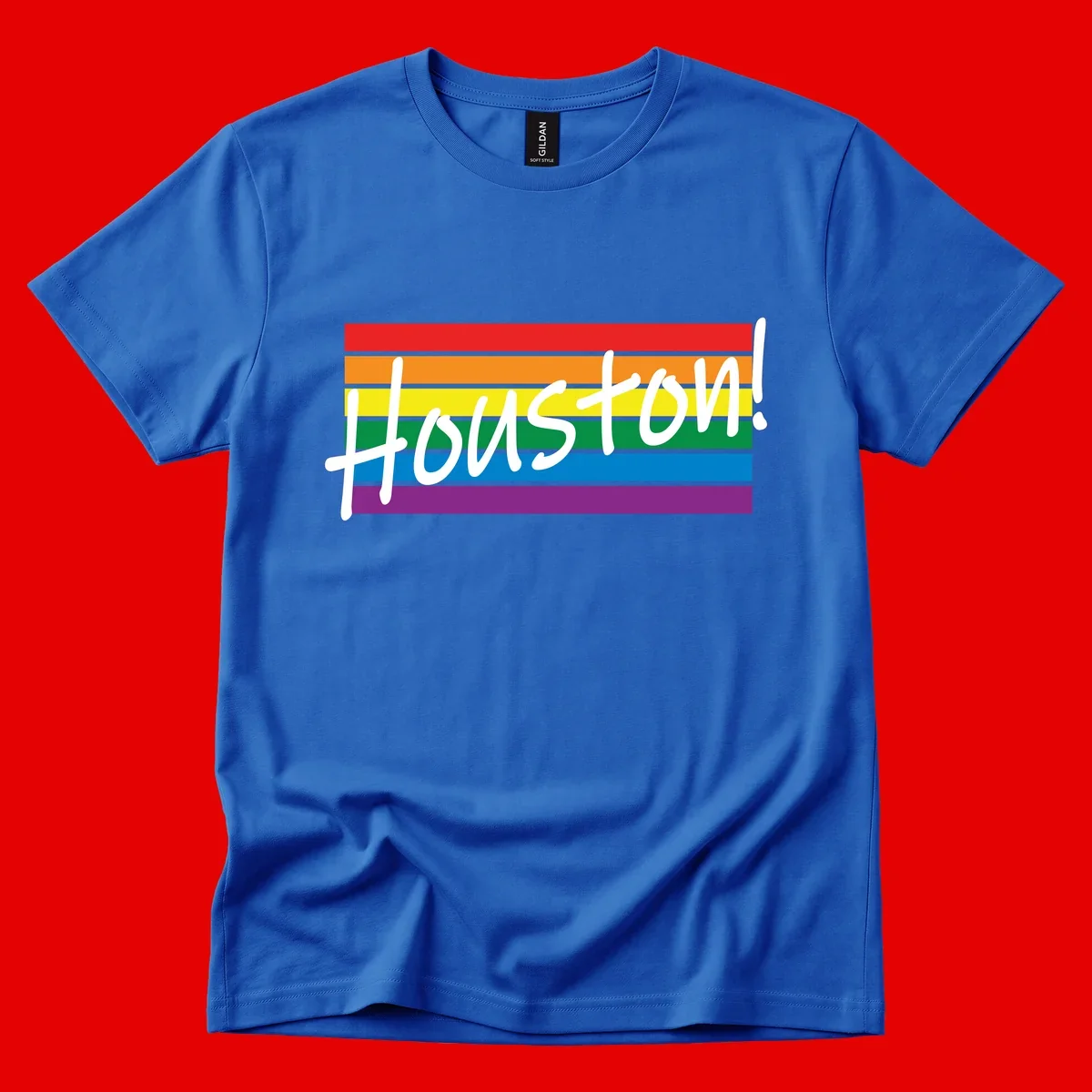 Houston pride celebration design with white handwritten text on rainbow flag stripes in red, orange, yellow, green, blue, and purple