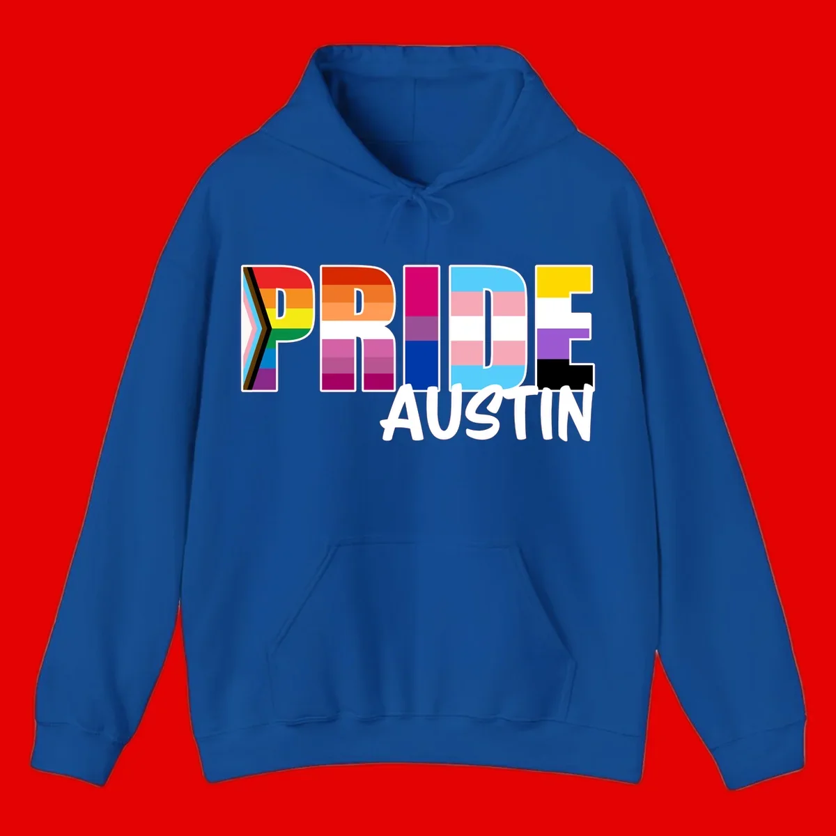 Pride Austin design with rainbow-filled block letters incorporating multiple LGBTQ+ pride flag colors and patterns