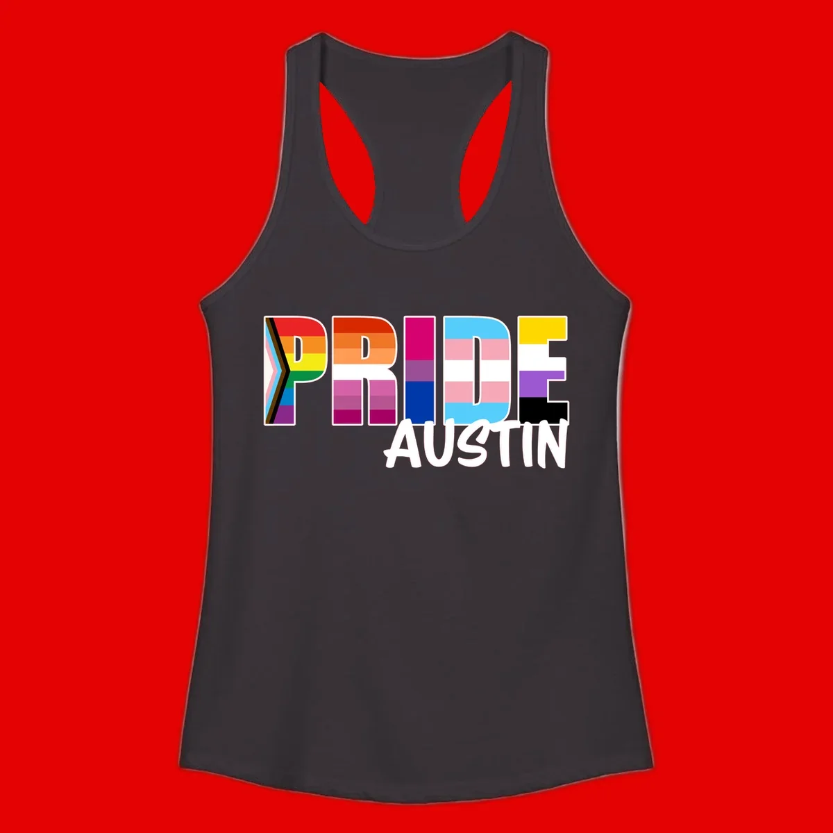 Pride Austin design with rainbow-filled block letters incorporating multiple LGBTQ+ pride flag colors and patterns