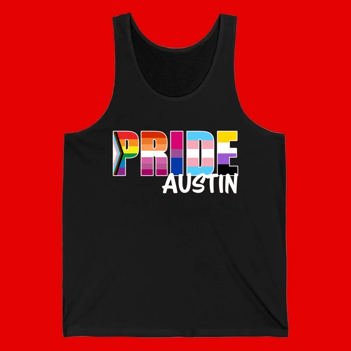 Pride Austin design with rainbow-filled block letters incorporating multiple LGBTQ+ pride flag colors and patterns