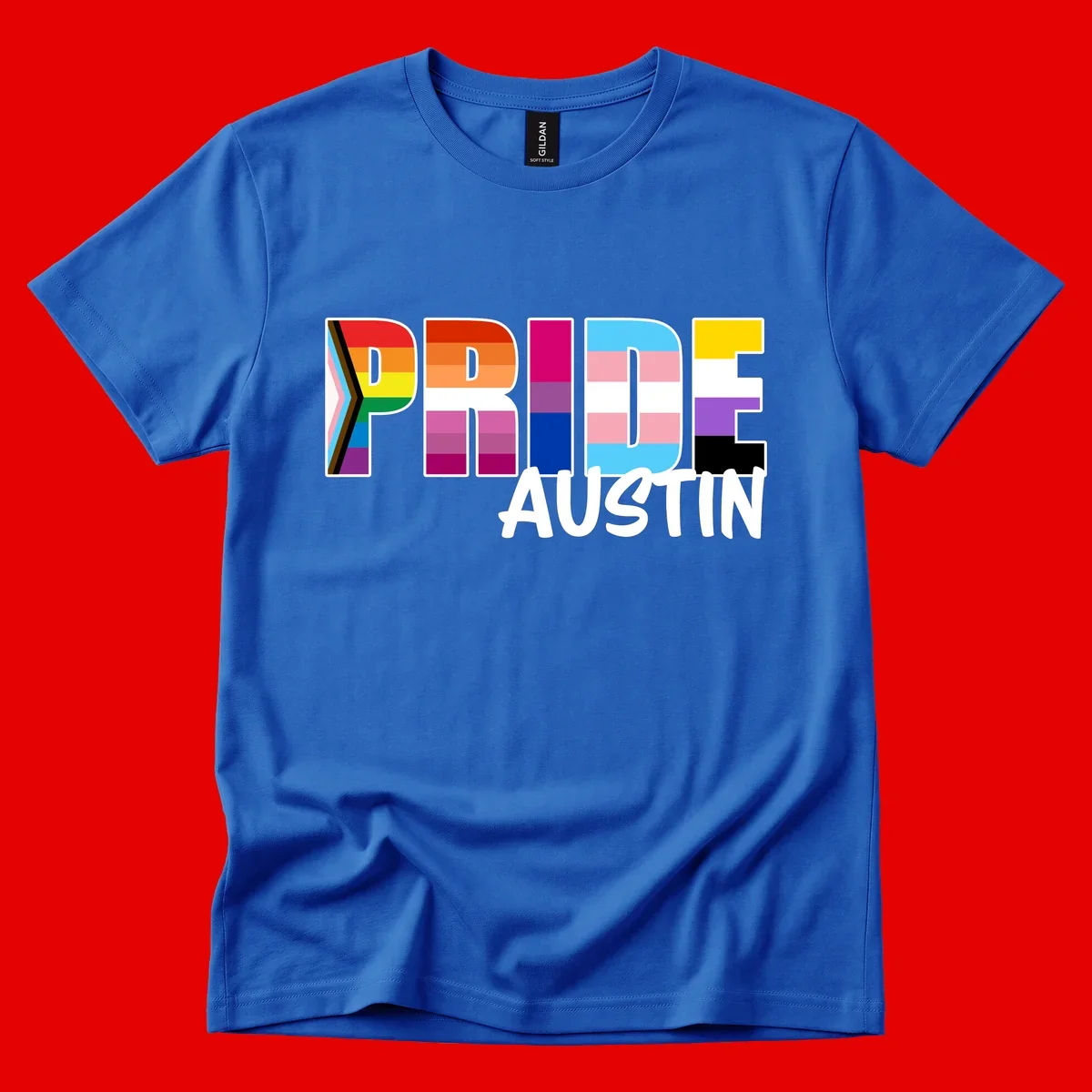 Pride Austin design with rainbow-filled block letters incorporating multiple LGBTQ+ pride flag colors and patterns