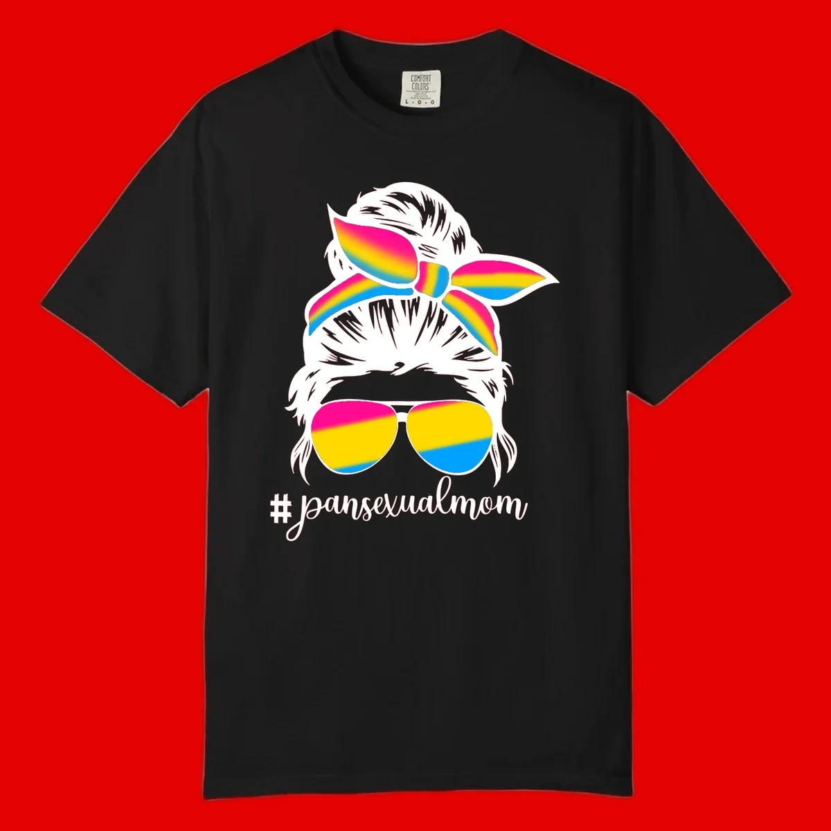 Illustrated pansexual mom pride design featuring a bearded figure with white hair wearing rainbow sunglasses and bow with #pansexualmom hashtag